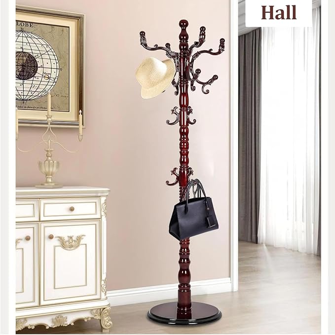 Wooden Coat Rack Freestanding, Hall Tree Hanger With Resin Hooks, Adjustable Heavy Duty Coat Rack for Hanging Clothes Bags Hats in Living Room Bedroom (coat rack, Round Base-Rosewood Color)