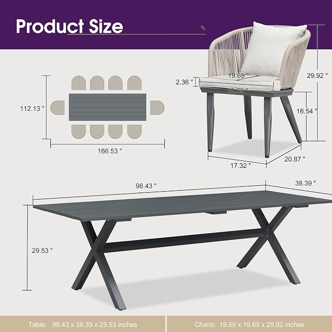 PURPLE LEAF 11 Pieces Patio Dining Set Wicker Outdoor Furniture Rectangular Table and Chairs Set for Garden Deck Aluminum Frame Backyard Kitchen Set, Cushions and Pillows Included Taupe