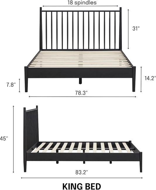 NTC Inno Wooden Bed Frame with Headboard, Solid Oak and Rubber Wood Foundation with Silent Slats and Wood Central Supports, 1000 Lb Capacity, Effortless Assembly, King - Burnt Black