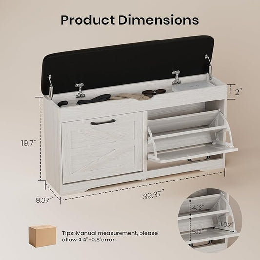 39" Shoe Storage Bench with Padded Seat Cushion & Lift Top Storage Box & 2 Flip Drawers, Small Entryway Shoe Rack Bench with 2 Doors and Adjustable Shelf, Shoes Cabinet for Hallway, Living Room, White