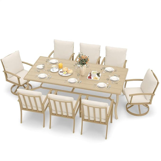 HAPPATIO Aluminum 9 Piece Patio Dining Sets, Outdoor Dining Set for 8, Patio Furniture Sets, 2 Swivel Dining Chairs, 6 Dining Chairs, Aluminum Furniture Set for Patio, Yard (Beige)