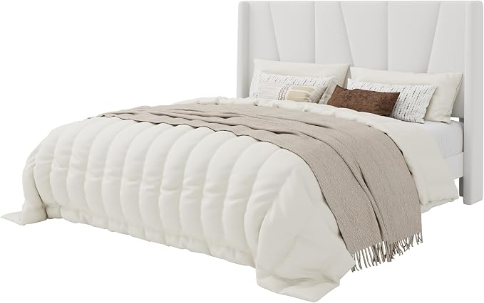 SHA CERLIN Queen Size Velvet Bed Frame with Geometric Wingback Headboard, Upholstered Platform Bed with Wooden Slats Support, 8" Under-Bed Space, No Box Spring Needed, Easy Assembly, White
