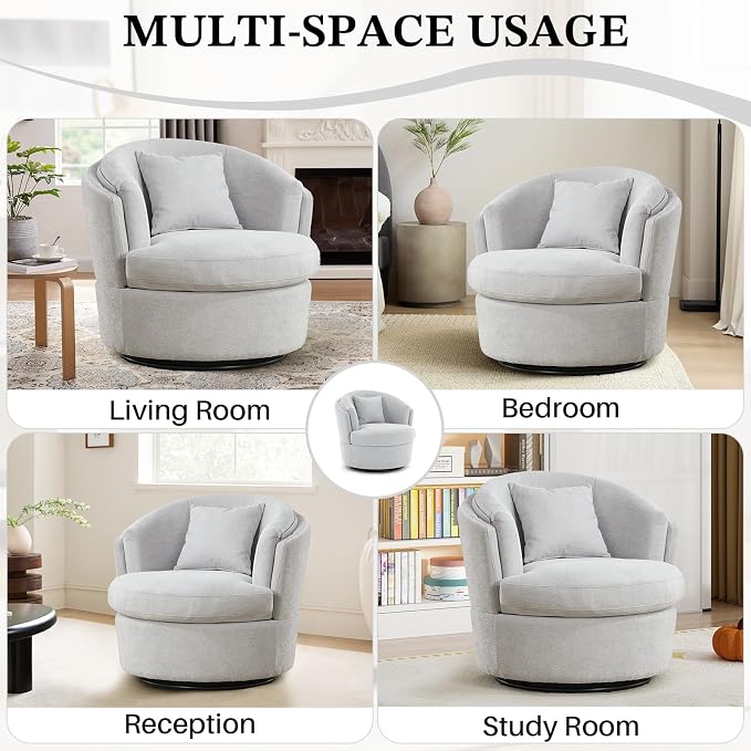 Swivel Accent Chair, Widened Round Barrel Chair with Pillow | Wide Padded Seat, Upholstered Chenille, Silent 360° Swivel Barrel Armchair for Living Room Bedroom Reading Nook, Light Gray