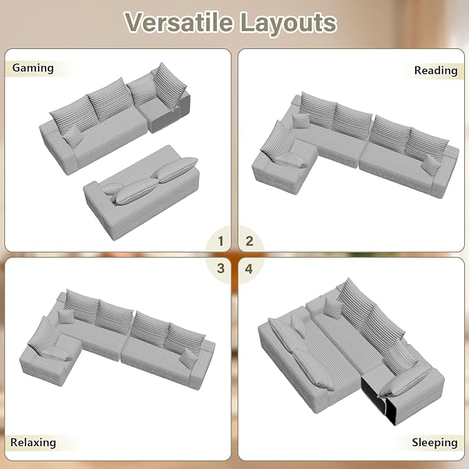 Sectional Cloud Couch for Living Room, Modern Modular Floor Deep-Seat Sofa, Upholstered L Shaped Sofas, Big Comfy Corduroy Couches Set for Living Room Bedroom, No Assembly Required, Grey