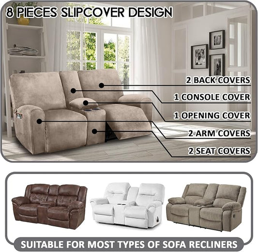 ULTICOR Reclining LoveSeat with Middle Console Slipcover, 8-Piece Velvet Stretch Loveseat Reclining Sofa Covers, 2 seat Love seat Recliner Cover, Thick, Soft, Washable, Love seat Slipcovers (Taupe)