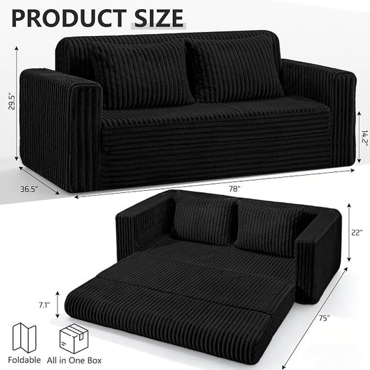HABUTWAY 78" Loveseat Boneless Couch, 4-in-1 Convertible Sofa Bed, Plush Fur Folding Futon Sofa Bed Couches with 2 Pillows for Living Room, High-Density Foam Support, No Assembly Required, Black