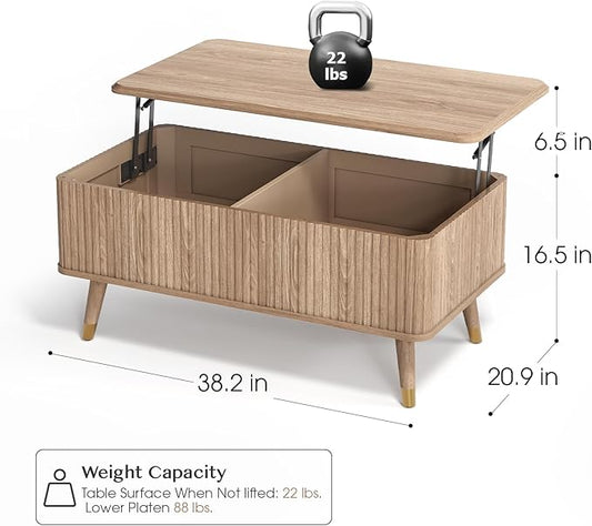 JOINICE Lift Top Coffee Table with Storage,Natural Wood Center Table for Living Room, Modern Farmhouse Oak Fluted Design,Pop-Up Desk for Work & Dining