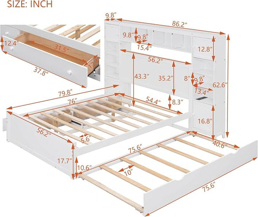 Merax Full Size Wooden Bed with All-in-One Cabinet, White Platform Bed Frame with 2 Drawers, Trundle and Sockets