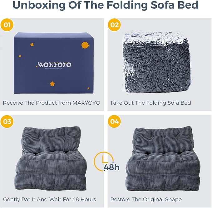 MAXYOYO Folding Sofa Bed, Convertible Chair with Pillow Foldable Couch with Back Support, Portable Fold Out Chair Bed Comfy Floor Sofa Lounge for Living Room Bedroom, Dark Grey, Single