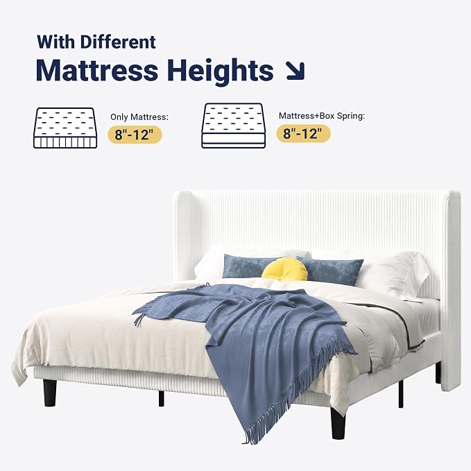 Allewie King Size Bed Frame with Upholstered Wingback Headboard, Vertical Channel Tufted Corduroy Velvet Platform Bed, Strong Wooden Slats Support, No Box Spring Needed,Easy Assembly, No Squeak, White