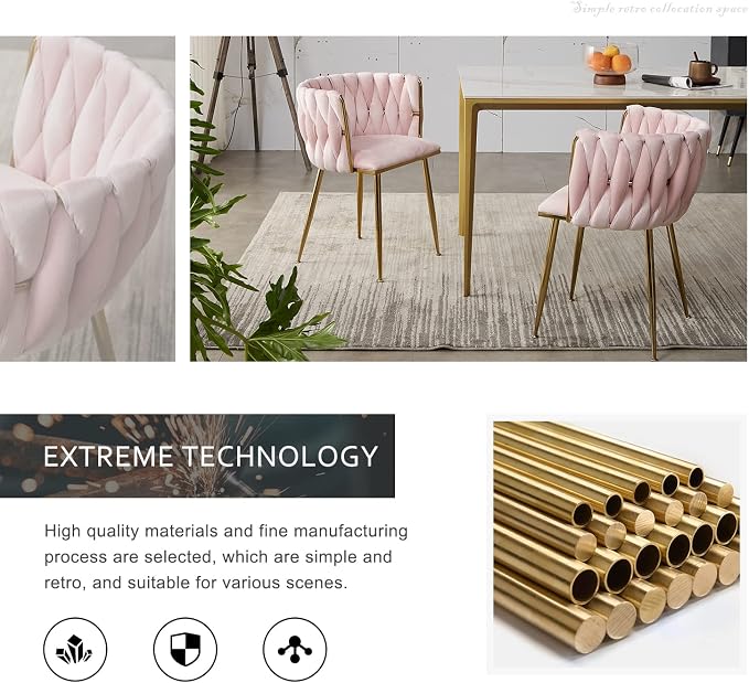 Velvet Dining Chairs Set of 2, Gold Modern Dining Chair with Metal Legs, Woven Upholstered Dining Chairs for Dining Room, Kitchen, Vanity, Living Room (Pink)