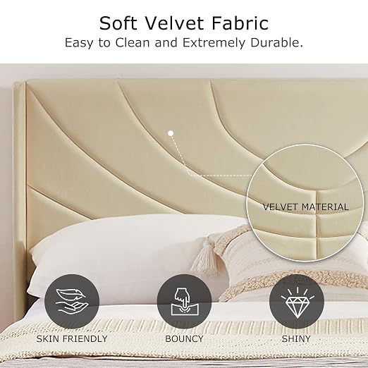 VECELO Twin Size Bed Frame Upholstered Platform with Wave Fabric Headboard/Wooden Slats Support/No Box Spring Needed/Mattress Foundation,Beige