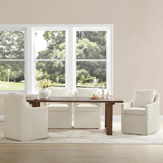 KISLOT Upholstered Dining Chairs Set of 2, Washable Cover Modren Deskchair with 4 Casters & Hidden Storage for Dining Room, Living Room, Home Office, Beige, 2 Box
