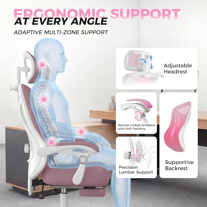 CYKOV Ergonomic Office Chair with Footrest - Adjustable Lumbar Support & Headrest, 90-135° Reclining Mesh Back Computer Chair - Home Office/Gaming, 350lbs Capacity