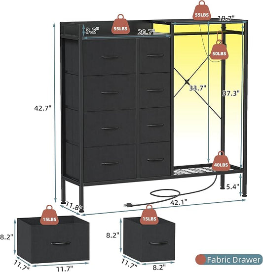 HIGDBFE Dresser with Hanging Rack, 8-Drawer Dresser for Bedroom with Charging Station & LED Lights, Fabric Dressers with Shoe Rack, Chest of Drawers with Wooden Top for Bedroom, Black, 11.8" D