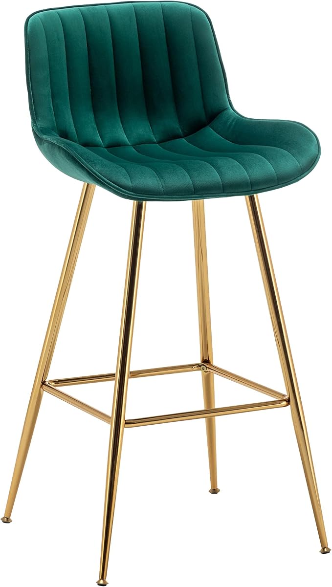 Sidanli Velvet Barstools Set of 2, Green Bar Height Chairs Set of 2 with Gold Legs, 29 inch Seat Height Comfortable Island Stools with Back