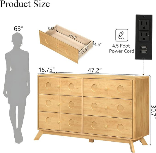 Gyfimoie Dresser for Bedroom with 6 Drawers, 47.2" W Modern Chest of Drawers with Power Outlet, Wooden Dresser TV Stand, Wood Closet Clothes Storage Organizer for Living Room, Hallway, Natural Oak