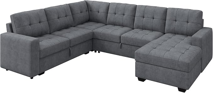 HONBAY Modular Sectional Sleeper Sofa with Pull Out Bed, U Shaped Sleeper Couches with Storage Chaise, 114'' Sleeper Sectional Sofas for Living Room, Apartment (Bluish Grey)