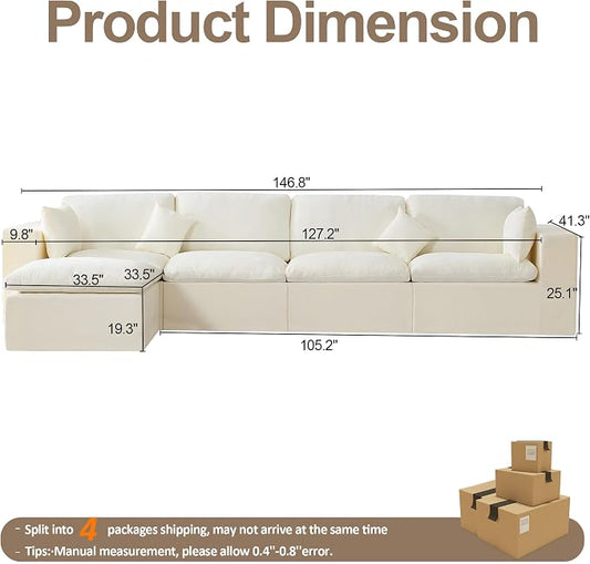 146''Cloud Boneless Sectional Couch, Modular Sectional Sofa Deep Seat with Ottoman, Oversized Upholstered Convertible Comfy 5 Seater Chenille Sofa L Shape Couches for Living Room, Beige