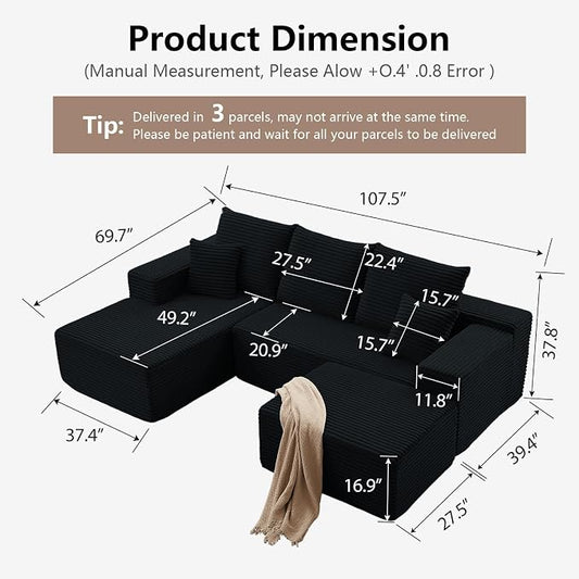 107" Cloud Modular Sectional Couches, Modern Convertible U Shaped Couch, 3 Seat Corduroy Comfy Deep Seat Sectional Sofa Oversize Deep Seat Sofa