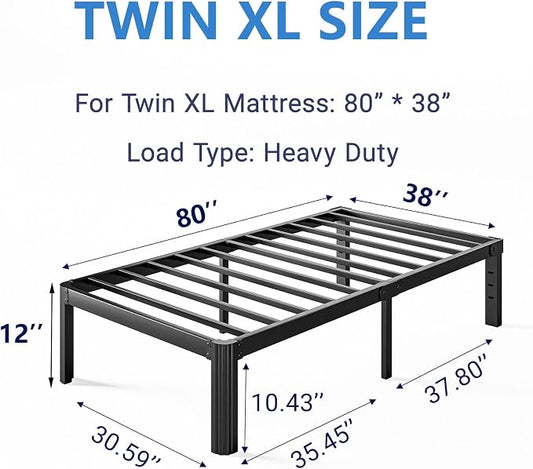 12 Inch High Platform Twin XL Bed Frames No Box Spring Needed, Metal Twin XL Bed Frame, Noise Free, Easy Assembly, Heavy Duty, Black