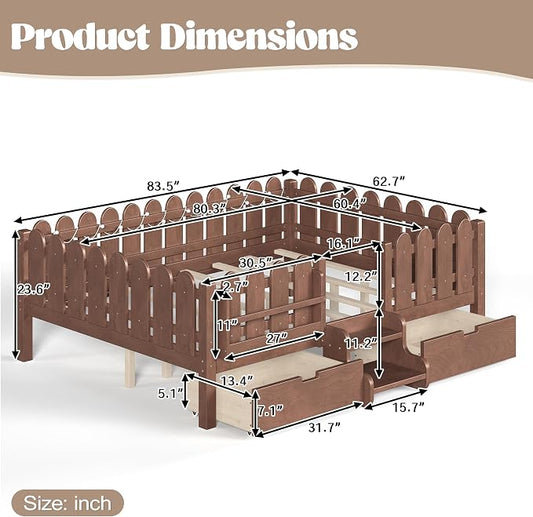 Bellemave Queen Size Montessori Bed with Stairs, Lights, Rails and Slats, Queen Size Montessori Floor Bed with Bookshelf and 2 Storage Drawers, Easy Assemble Beds Frame for Girls, Boys, Natural