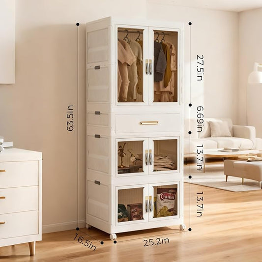 YHB Portable Storage Closet Cabinet, Easy Assembly Wardrobe Organizer with Visualization Doors, Drawers, Hanging Rods, Rolling Wheels for Pet Dog Clothes, Toys