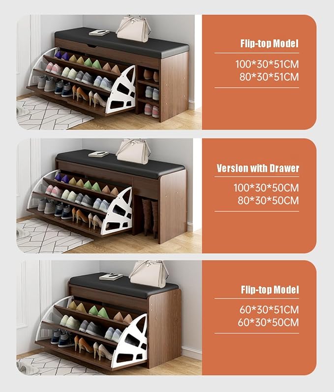 Shoes Storage Cabinet Shoe Stool Tipping Bucket-Shaped, Freestanding Rack Organizer Shoe Replacement Stool with Leather Cushion, Entryways Hallways Closets Bedroom (60d 1)