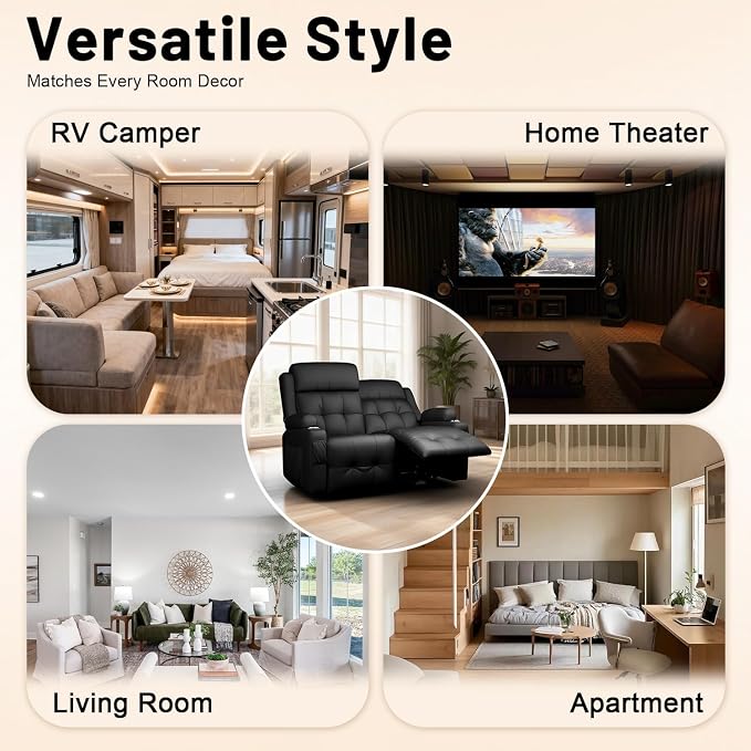 Reclining Loveseat, Wall-Hugger Loveseat Recliner Design with USB/Type C Charging & Storage & Cupholder, Pebble-Weave Fabric Recliner Sofa Couch for Living Room, Home Theater & RV Use