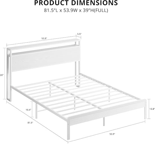 LIKIMIO Full Bed Frame with Headboard, Wood Camas Full with Strong Supports, Sturdy, Noise-Free, No Box Spring Needed, White