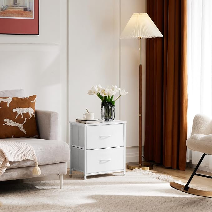 DUMOS Nightstand Small Dresser with 2 Fabric Drawers, Bedroom End Table | Kids Bedside Storage Furniture for 20 inch Tall Night Stand for Closet, Dorm, White