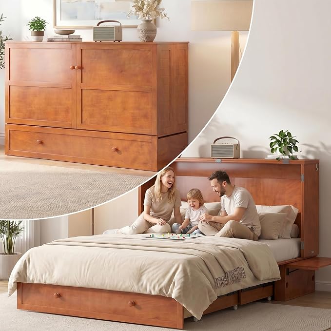Mjkone Murphy Bed Queen with Mattress Included, Cabinet Murphy Bed with USB Charging Station & Storage Drawer, Mobile Cube Murphy Cabinet Chest Bed for Living Room Bedroom Apartment, Cherry