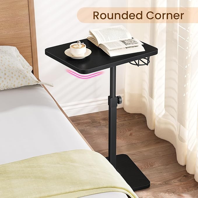 Giikin Side Table, 360 Swivel & Height Adjustable TV Trays for Eating on Couch, Sofa Armrest TV Tray Table with Cup Holder for Small Spaces, C-Shaped, Black, 11.8" D x 15.8" W x 31" H