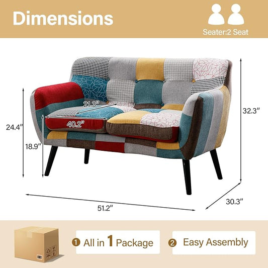 Bonzy Home Modern Boho Loveseat Couch Sofa Chair for Living Room Bedroom, Upholstered Colorful Plaid Fabric 2-Seat Love Seat Sofa with Wood Leg for Small Space, One Loveseat
