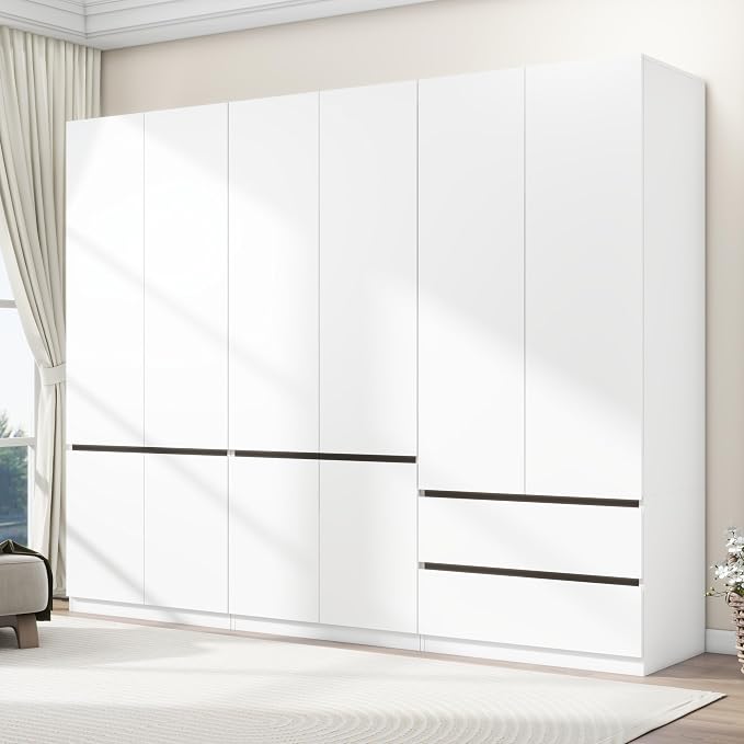 Armoire Wardrobe Closet with Drawers:75" Large White Wardrobe Closet Cabinet with 6 Doors for Hanging Clothes, Modern Wooden Bedroom Armoires with 2 Drawers and Storage(C+A+C, 94.5")