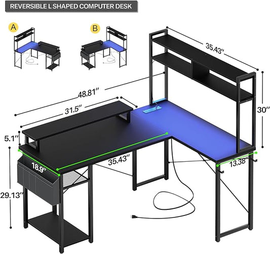 Aheaplus Small L Shaped Gaming Desk with LED Lights & Power Outlets, Reversible L-Shaped Computer Desk with Monitor Stand & Storage Shelf, Corner Desks Home Office Desk with Storage Bag, Black