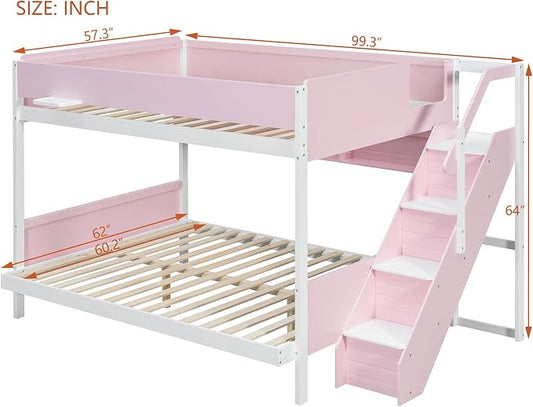 Wood Bunk Bed Full XL Over Queen with Staircase and Side Shelves | Light Strip Included, Striped-Design Stairs, Kids Teens Adults, Space-Saving Design, Versatile Bed Frame