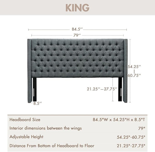 Madison Park King Wingback Upholstered Tufted Headboard, Featuring High-Density Sponge Padding, Adjustable Height Headboard, Easy Assembly, Dark Grey Woven