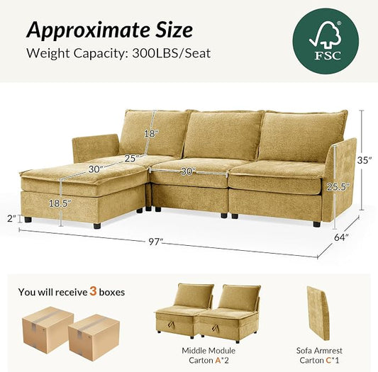HULALA HOME 97'' Modular Sectional Sofa, L Shaped Couch with Storage Ottoman, Comfy Chenille Sofa with Deep Seat, 4 Seat Convertible Sectional Couches for Living Room, Cream