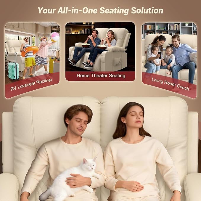 RV Loveseat Recliner Sofa, Reclining Loveseat Wall Hugger Recliners with USB Ports, Cup Holders, Insert Pockets, RV Recliners for Travel Trailers & Living Room, RV Furniture | RV Couch | Beige
