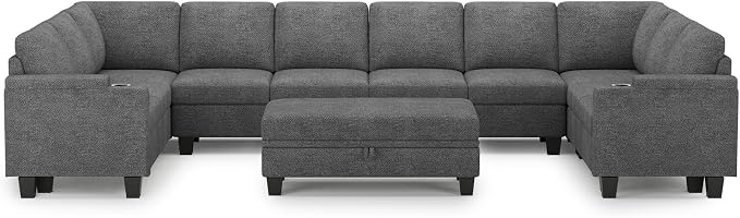 Belffin Oversized U Shaped Modular Sectional Couches for Living Room 10 Seater Modular Sofa Set with Storage Ottoman Large Sectional Couch with Cup Holder. Light Grey Sofa