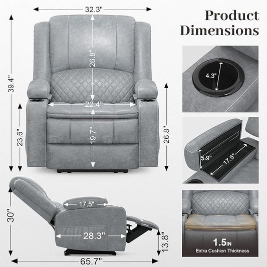 Yolsali Recliner Chairs for Adults, Oversize Manual Reclining Chair with 2-Tier Cushions, PU Leather Recliner Chair with Hidden Storage Space, Living Room Recliner Chairs with Cup Holders - PU Grey