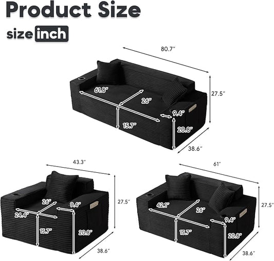 Boneless Sectional Sofa 3 Piece Set with Cup Holders & Side Pockets, Modern Corduroy Fabric Deep Seat Cloud Couch Living Room, Office, No Assembly (Black)