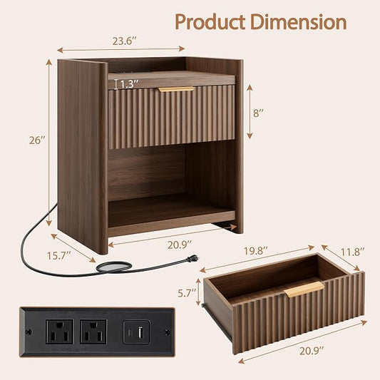 25.9" Fluted Nightstand with Charging Station, Large Modern Bedside Table with Storage Drawer and Metal Handle,End Table for Bedroom, Home Office(1 Pack, Dark Walnut)