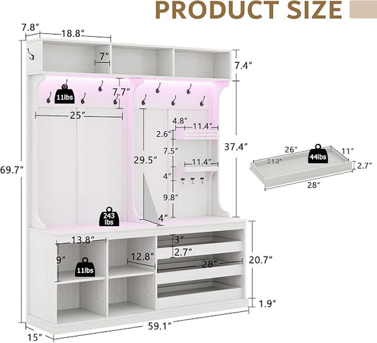 iPormis 70“ Large Hall Tree with Bench and Adjustable Shoe Storage, 6-in-1 Farmhouse Entryway Bench w/Coat Rack, Top Storage, Small Shelves for Entryway, Living Room, Led Lights, White