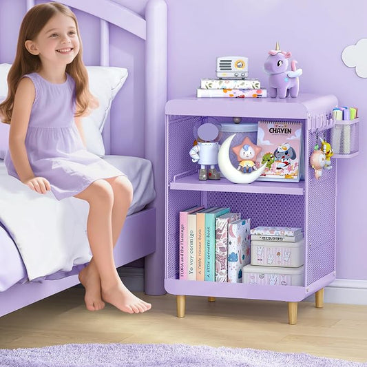SYKIARIOL Kids Nightstand for Girls, Metal Bedside Table with 4 Hooks & Hanging Basket, 3-Tier Storage Shelf, Toddler Night Stand for Bedroom, Purple