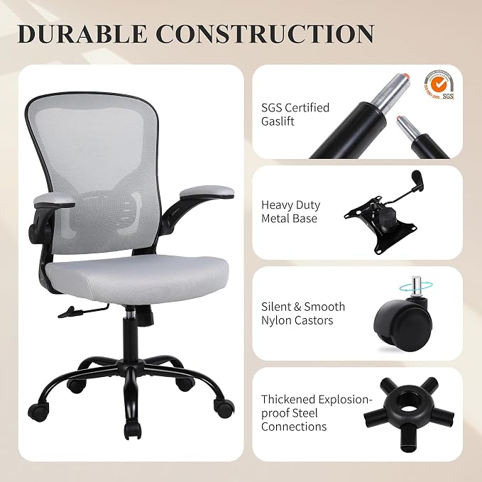 Flysky Mesh Office Chair, Ergonomic Computer Desk Chairs for Home Office - with Comfy/Comfortable Flip-up Arm Rests, Lumbar Support, Height Adjustable, 360 Degree Rolling Swivel (Gray, 1 Pack)