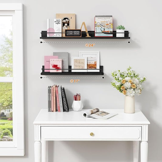 Forbena 24 Inch Wall Shelves for Bedroom 3-Pack, Black Floating Shelves with Rail, Vintage Large Floating Book Shelves for Bathroom Kitchen Living Room Office Decor Kids Room Legos Display (Black)