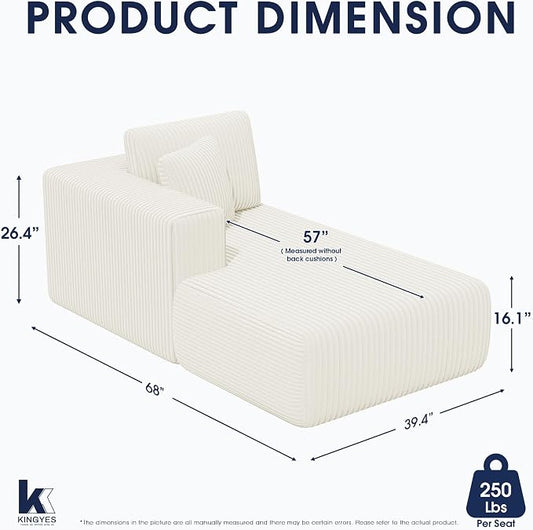 KINGYES Boneless Chaise Lounge Chair for Modular Sectional Sofa, L Shape Corduroy Upholstered Chaise Lounge for Living Room, Beige