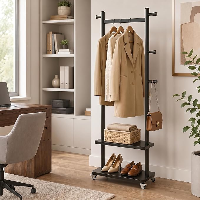 Taitiy Coat Rack Freestanding Clothing Rack with Wheels & 2 Shelves Storage & 5 Hooks Heavy Duty Clothes Rack Wood Coat Tree Stand Hat Hanger Rack for Corner Bedroom Entryway Living Room Hotel Size L